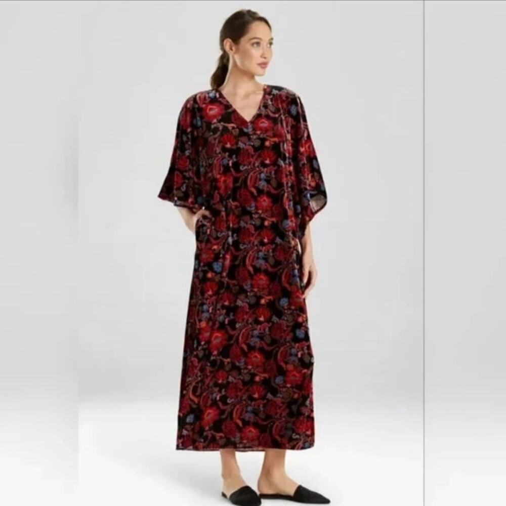 Natori Floral Scroll Print Velvet Kaftan Kimono Nightgown Lounge Maxi Dress